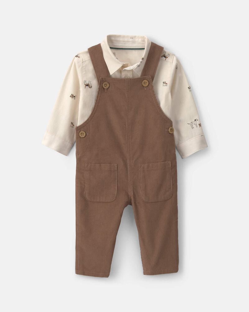 Baby Boy 2-Piece Twill Long-Sleeve Overall Set - Brown, image 1 of 8 slides