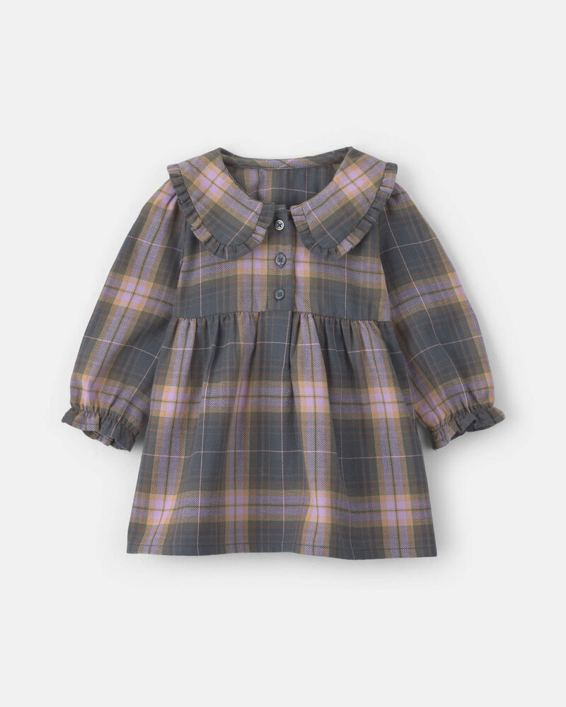 Baby Girl Plaid Peter Pan Collar Long-Sleeve Dress - Grey/Pink, image 1 of 5 slides