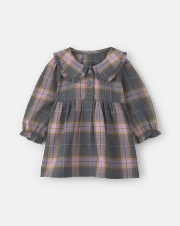 Baby Girl Plaid Peter Pan Collar Long-Sleeve Dress - Grey/Pink, 