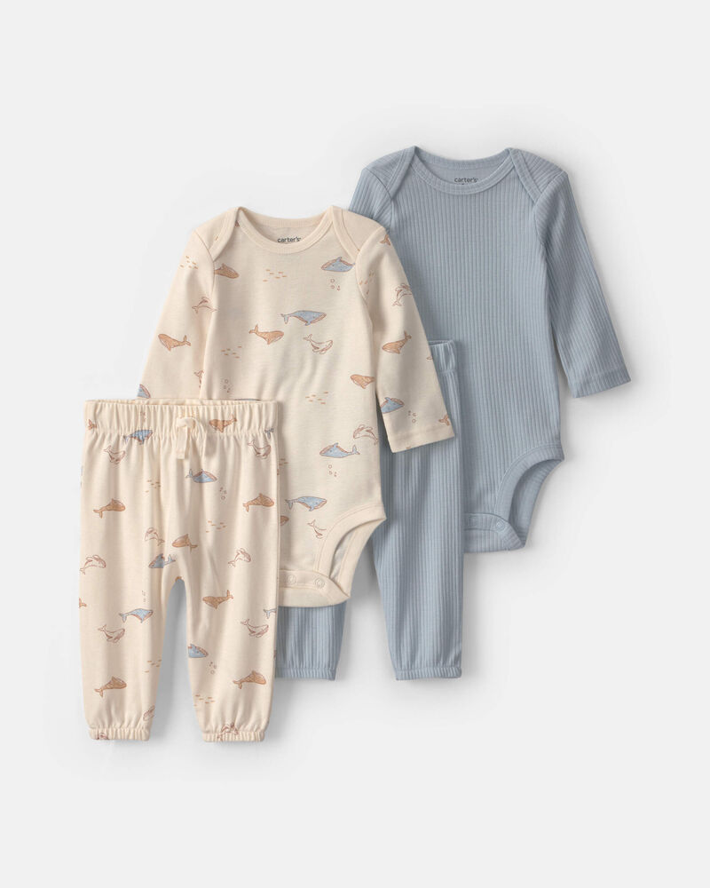 Baby 4-Piece Whale Long-Sleeve Bodysuit & Pant Set - Blue/Cream, image 1 of 5 slides