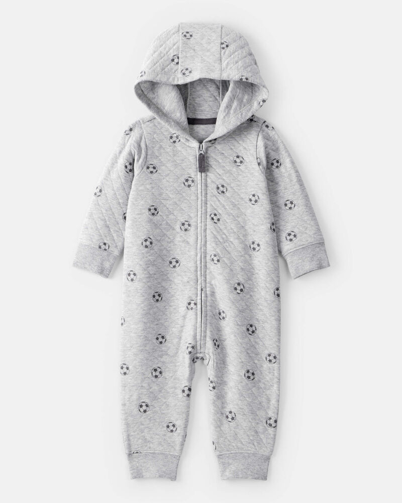Baby Boy Soccer Quilted Long-Sleeve Hooded Jumpsuit Black