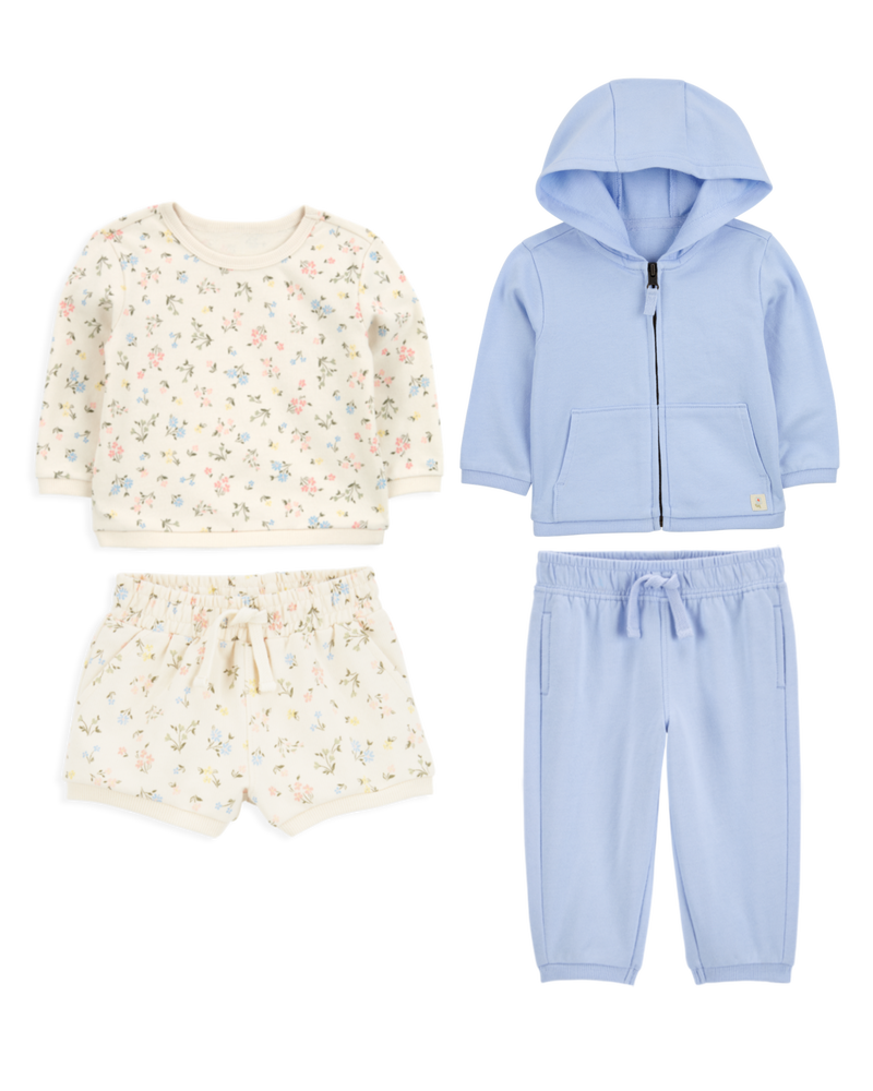 Baby 4-Piece French Terry Mix-and-Match Outfit Set - Blue/Ivory, image 1 of 11 slides
