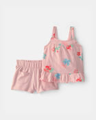 B&eacute;b&eacute; fille - Ensemble 2 pi&egrave;ces haut fleuri &agrave; volants et short - Rose, image 1 sur 4 diapositives