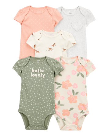 Baby Girl 5-Pack Floral Horses Short-Sleeve Cotton Bodysuits, 