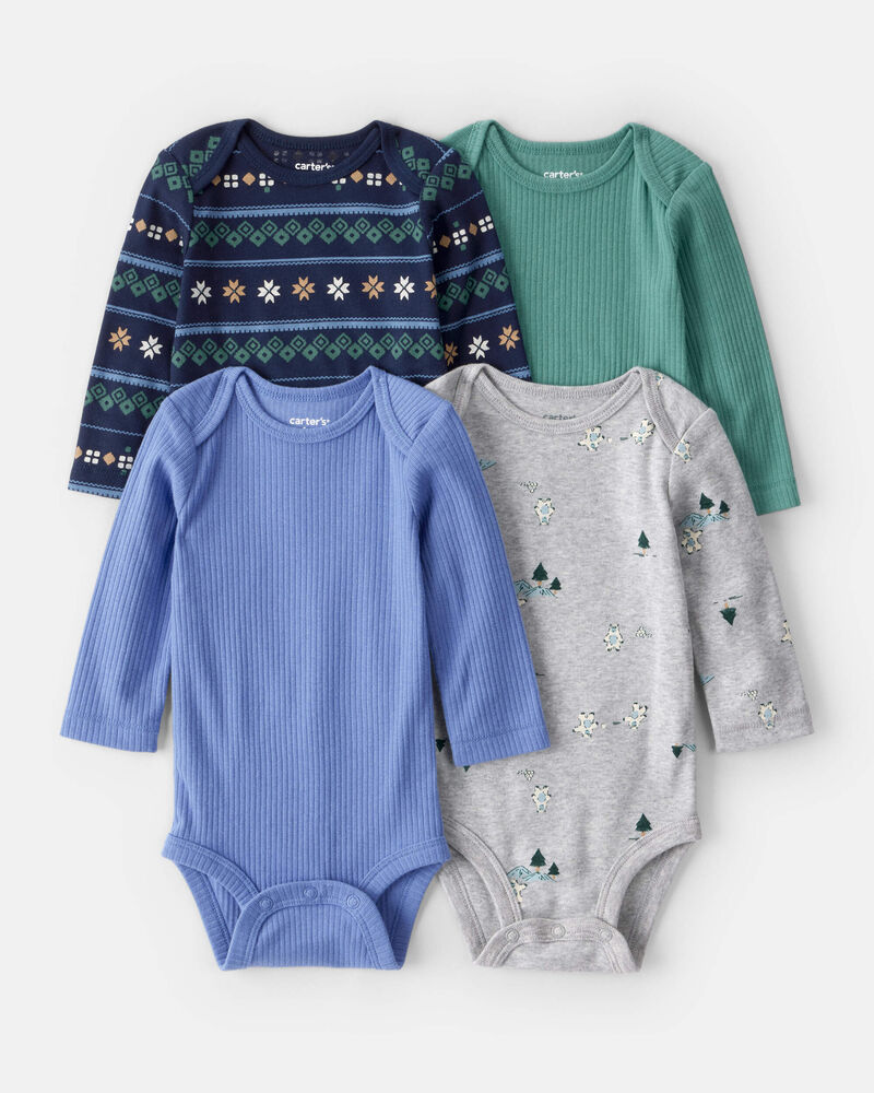 Baby Boy 4-Pack Fair Isle Long-Sleeve Multipack Bodysuits - Blue/Navy/Green, image 1 of 6 slides