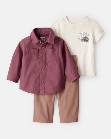Baby Boy 3-Piece Button-Down Outfit Set - Maroon/Brown, 
