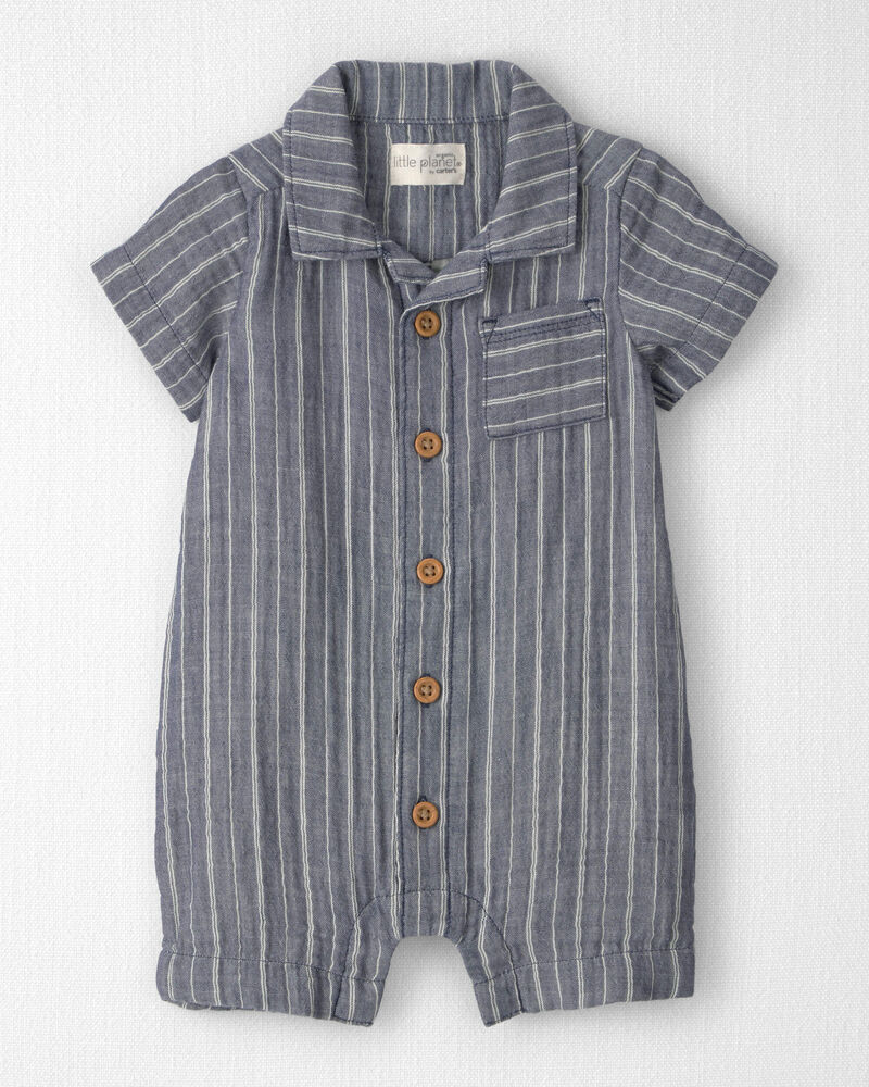 Baby Gauze Short-Sleeve Romper in Navy, image 1 of 4 slides