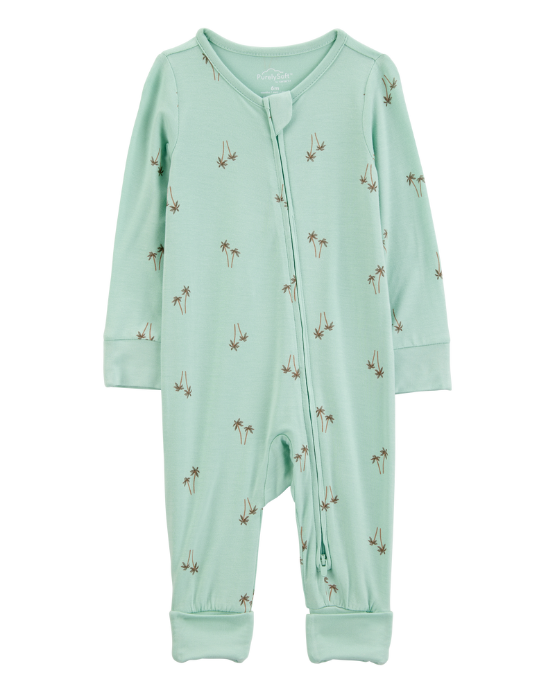 Bébé garçon - Grenouillère PurelySoft à fermeture à glissière à 2 sens à poignets et pieds rabattables imprimé de palmier - Menthe, image 1 sur 7 diapositives