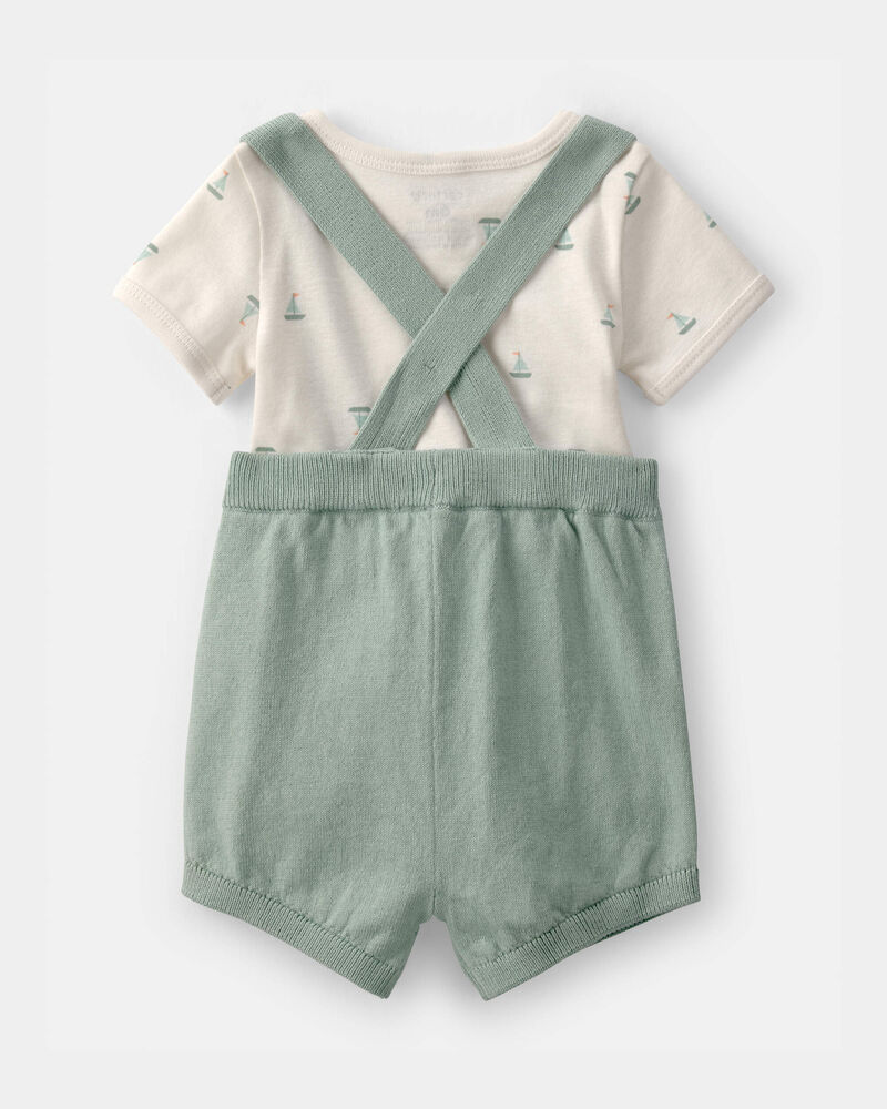 Baby 2-Piece Sailboat Overall Set - Green/Ivory, image 2 of 6 slides
