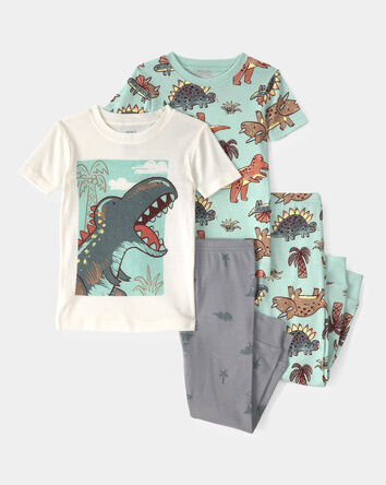 Toddler Boy Dinosaur 100% Cotton Snug Fit 4-Piece Pyjama Set - Blue/Grey, 
