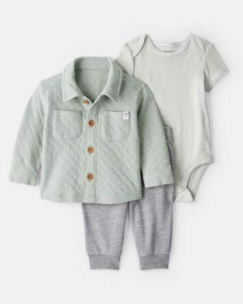 Baby Boy 3-Piece Quilted Jacket Outfit Set - Green, 