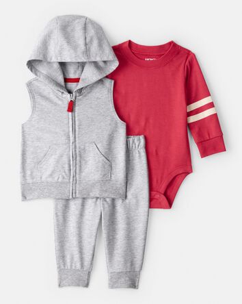 Baby Boy 3-Piece Varsity Vest Outfit Set - Red/Grey, 