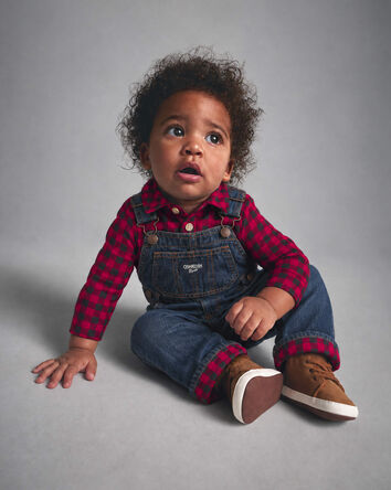 B&eacute;b&eacute; gar&ccedil;on - Salopette en denim &agrave; carreaux buffalo - D&eacute;lav&eacute; fonc&eacute;, 