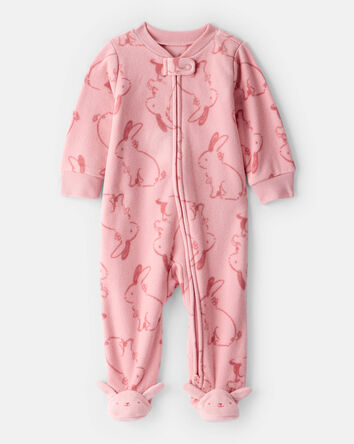 Baby Girl Bunny Print Fleece Long-Sleeve Loose Fit Sleeper - Pink, 