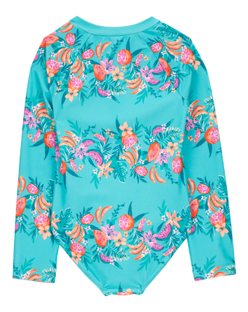 Kid 1-Piece Floral Print Rashguard Swimsuit-Turquoise, 