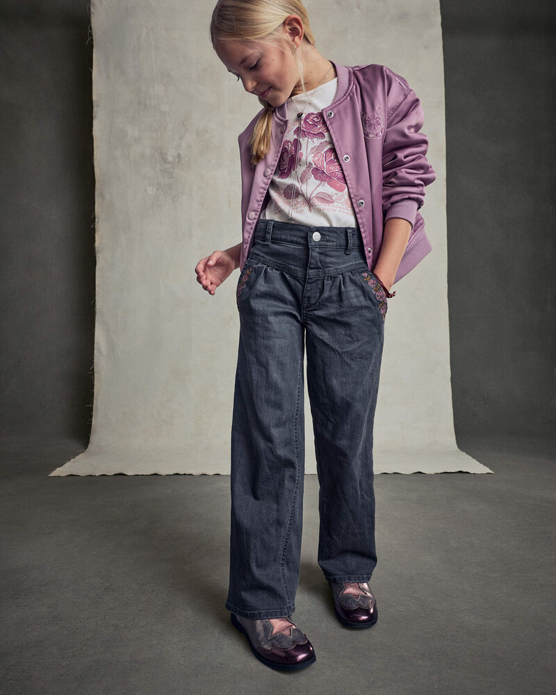 Filles - Pantalon en denim &agrave; jambe large &agrave; motif floral &ndash; D&eacute;lav&eacute; fonc&eacute;, image 4 sur 7 diapositives