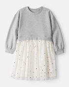 Girls Metallic Star Long-Sleeve Tulle Dress - Grey, image 1 of 4 slides