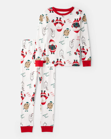 Kid Christmas Santa Print 100% Cotton Long-Sleeve Snug Fit 2-Piece pyjamas - White, 