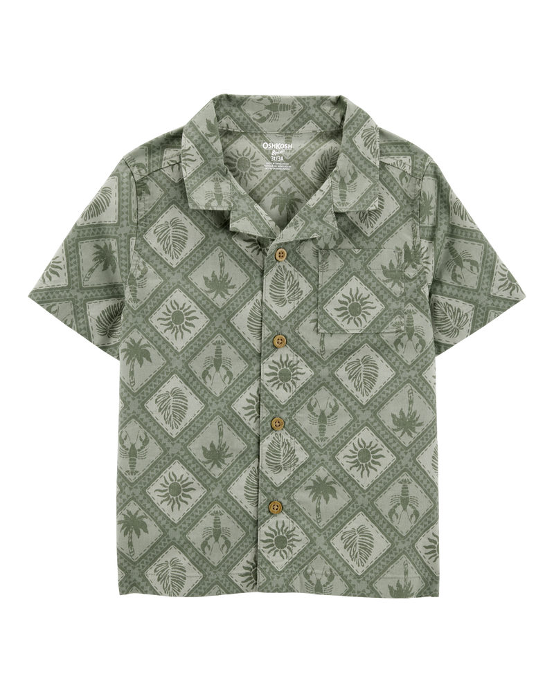 Toddler Tile Print Button-Down Shirt - Green, image 1 of 3 slides