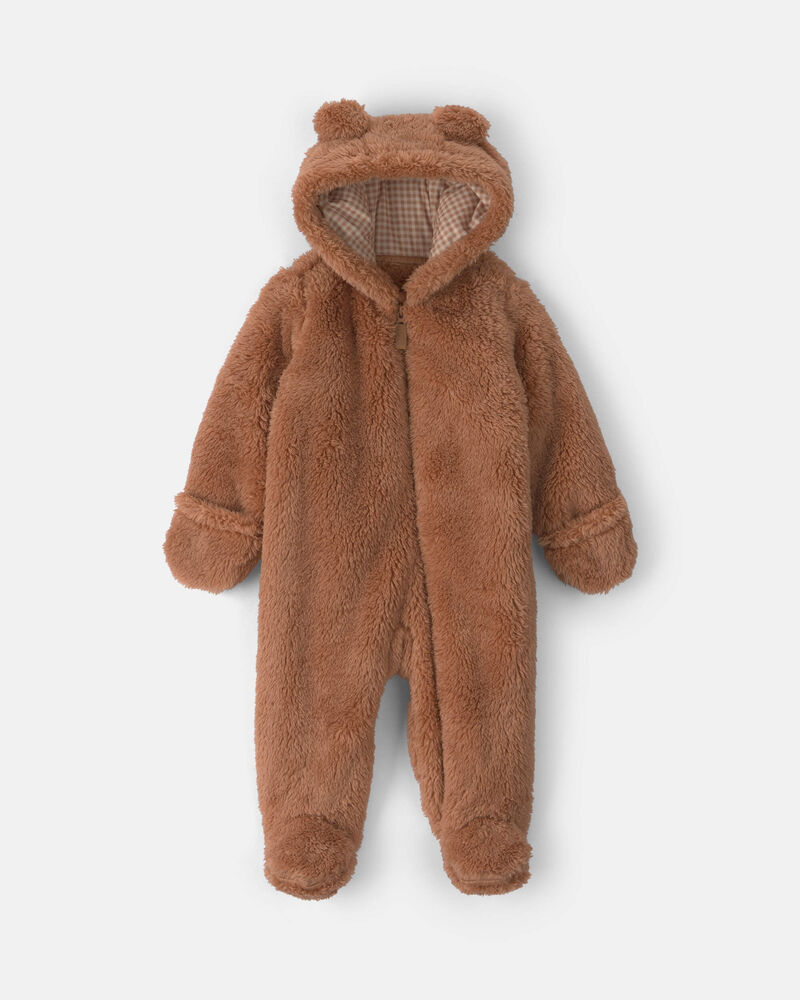Baby Bear Teddy Fleece Long-Sleeve Jumpsuit - Brown, image 1 of 5 slides