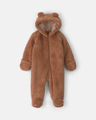 Baby Bear Teddy Fleece Long-Sleeve Jumpsuit - Brown, image 1 of 5 slides