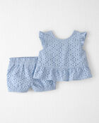 Baby Girl 3-Piece Organic Cotton Outfit Set in Blue Eyelet, image 1 of 4 slides