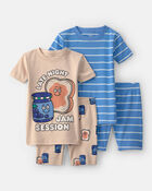 Toddler Boy PB&J Striped 100% Cotton Short-Sleeve Snug Fit 4-Piece Pyjama Set - Blue/Brown, image 1 of 4 slides