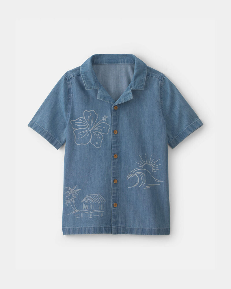 Gar&ccedil;ons - Chemise boutonn&eacute;e &agrave; manches courtes en denim &agrave; motif tropical - D&eacute;lav&eacute; moyen, image 1 sur 2 diapositives