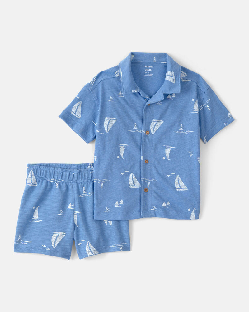 Toddler Boy 2-Piece Sailboat Top & Short Set - Blue, image 1 of 3 slides