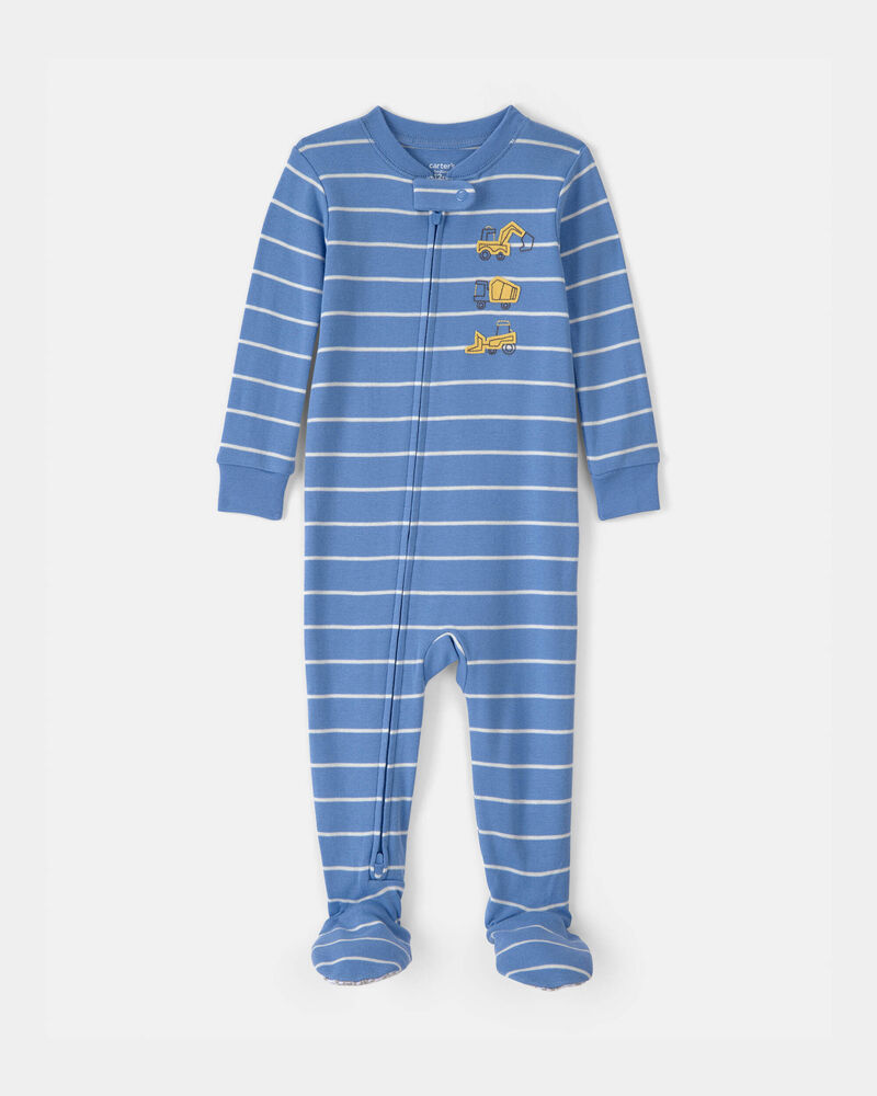 Baby Boy Construction Striped 100% Cotton Snug Fit 1-Piece Pajama Set - Blue, image 1 of 5 slides