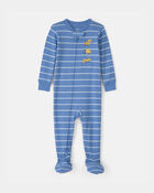 Baby Boy Construction Striped 100% Cotton Snug Fit 1-Piece Pajama Set - Blue, image 1 of 5 slides