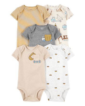 Baby 5-Pack Construction Short-Sleeve Cotton Bodysuits, 