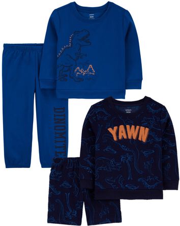 Ensemble 4 pièces pyjama en jersey bouclette à motifs de dinosaures pour tout-petits, 