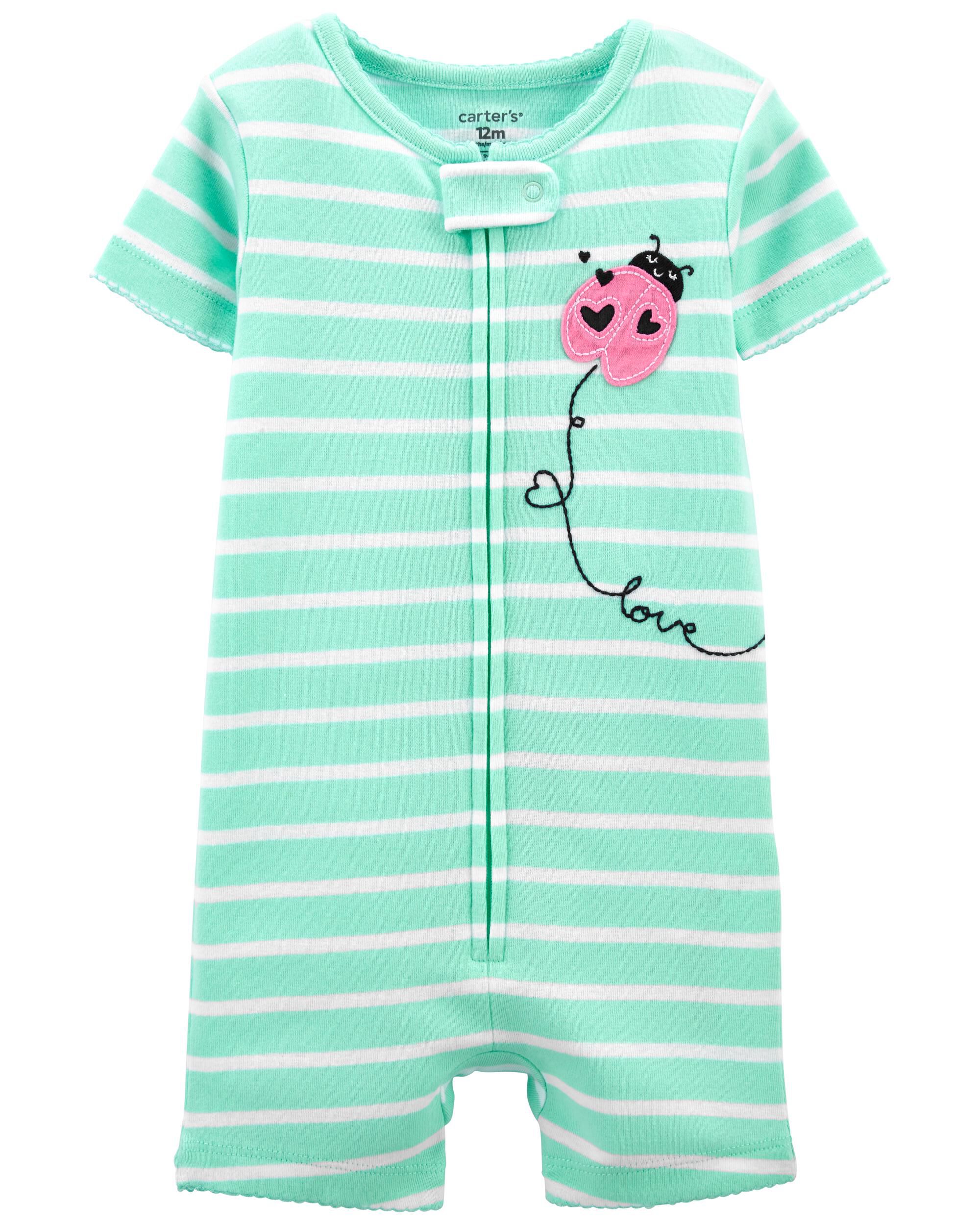 Green White 1 Piece Ladybug 100 Snug Fit Cotton Romper PJs