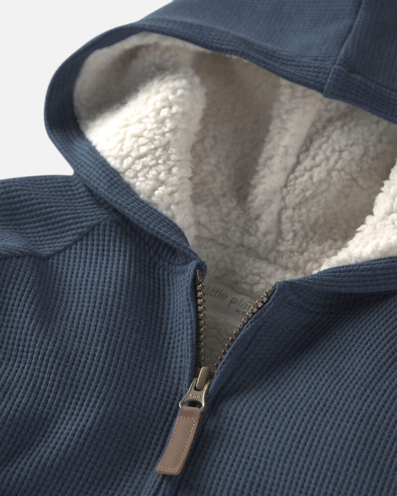 Boys Recycled Teddy Fleece Waffle Knit Hooded Jacket Made with Organic Cotton, image 3 of 5 slides
