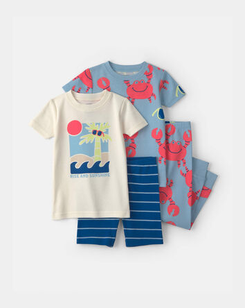 Baby Boy Beach 100% Cotton 4-Piece Pyjama Set - Blue/Ivory, 