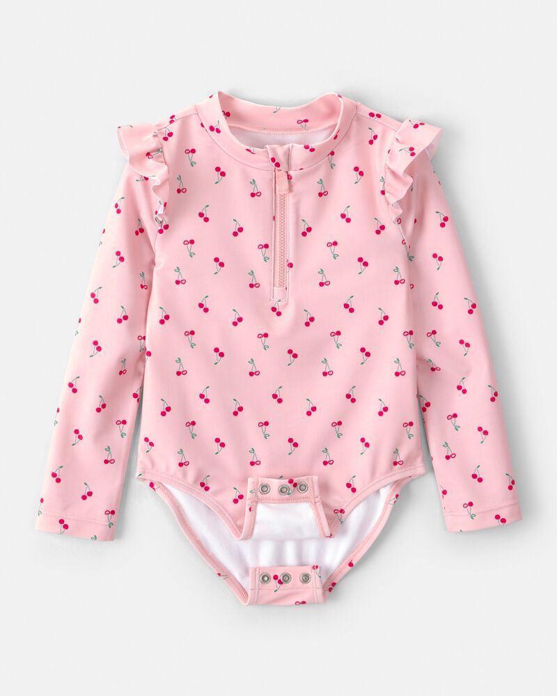 Toddler Girl Cherry Long-Sleeve 1-Piece Rashguard Swimsuit - Pink, image 3 of 5 slides
