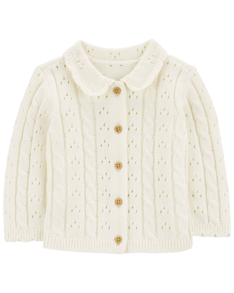 Cream Pointelle Button-Front Sweater Knit Cardigan