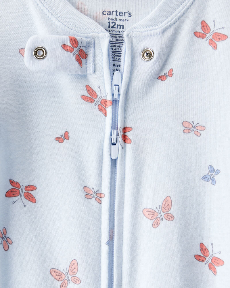 Baby Girl Butterfly 100% Cotton Snug Fit 2-Way Zip Footie 1-Piece Pyjamas - Blue, image 2 of 4 slides