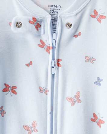 Baby Girl Butterfly 100% Cotton Snug Fit 2-Way Zip Footie 1-Piece Pyjamas - Blue, 