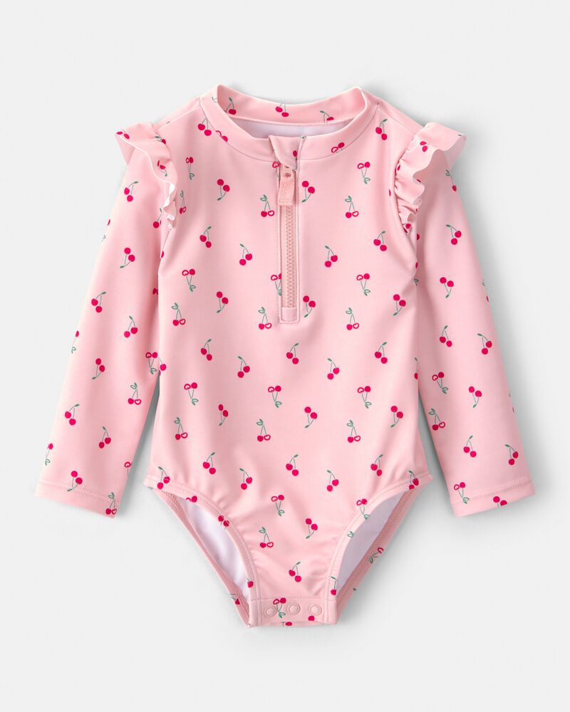 Baby Girl Cherry Long-Sleeve 1-Piece Rashguard Swimsuit - Pink, image 1 of 5 slides