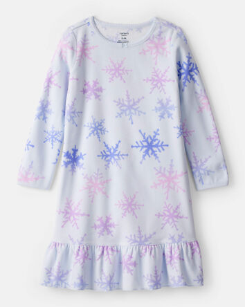 Girls Snowflake Print Fleece Long-Sleeve Loose Fit Night Gown - Blue, 
