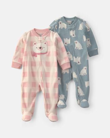 Baby Girl 2-Pack Polar Bear Plaid Fleece 2-Way Zip Sleepers, 