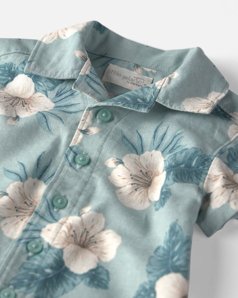 Baby Boy 2-Piece Linen Top & Short Set Made with Organic Cotton in Blue Hibiscus, image 3 of 5 slides
