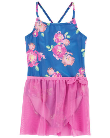 Floral Print 1-Piece Swimsuit with Removable Skirt, 