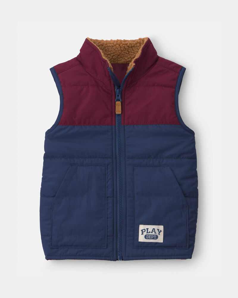 Toddler Boy Color Block Teddy Fleece Vest - Navy Blue/Burgundy, image 1 of 6 slides