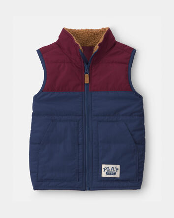 Toddler Boy Color Block Teddy Fleece Vest - Navy Blue/Burgundy, 