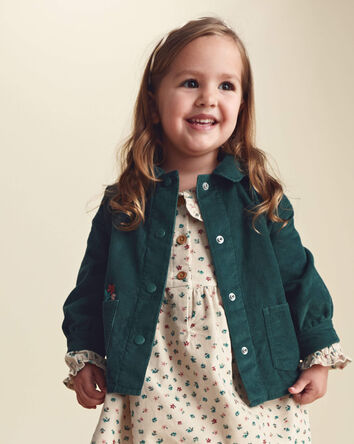 Blouson en velours c&ocirc;tel&eacute; &agrave; broderie florale - Vert, 
