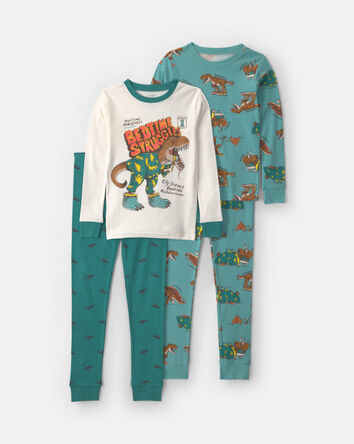 Boys 4-Piece Dinosaur 100% Cotton Snug Fit Pyjama Set - Green, 