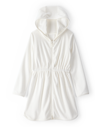 Kid Hooded Terry Cloth Swim Cover-Up Dress - White, 